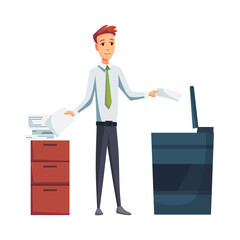 Office documents copier. Office worker prints documents on the copier. Man works on a photocopier. Concept of office work