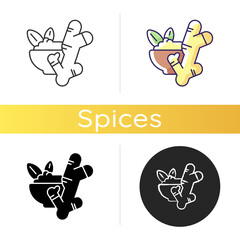 Ginger icon. Fresh ginger root. Herbal medicine. Asian seasoning. Healthy food. Chinese medicine. Kitchen spices. Linear black and RGB color styles. Isolated vector illustrations