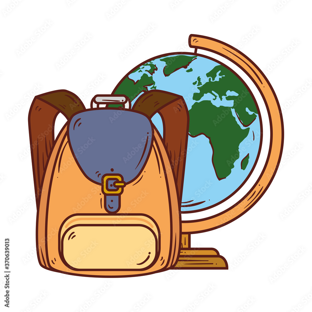 Poster school symbol, backpack with world planet earth school supply vector illustration design