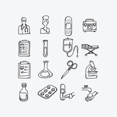 Health vector doodle icons set. Drawing sketch illustration hand drawn line esp10