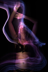 light painting  erotic portrait, light drawing at long exposure, abstract colorful background 
