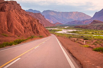 OIL PAINTING OF A MOUNTAIN ROAD IN CAFAYATE, SALTA, ARGENTINA