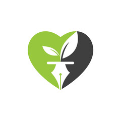 Leaf and pen logo design. Education and writer community Logo. Heart with leaf and nab icon design.