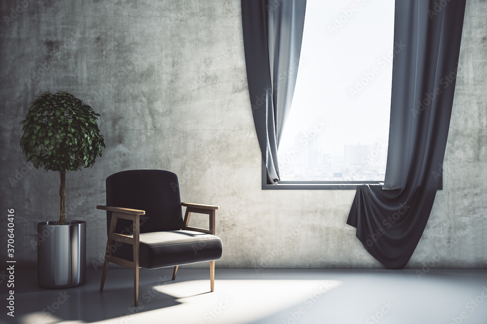 Wall mural concrete living room with window, gray curtains, chair and city view.