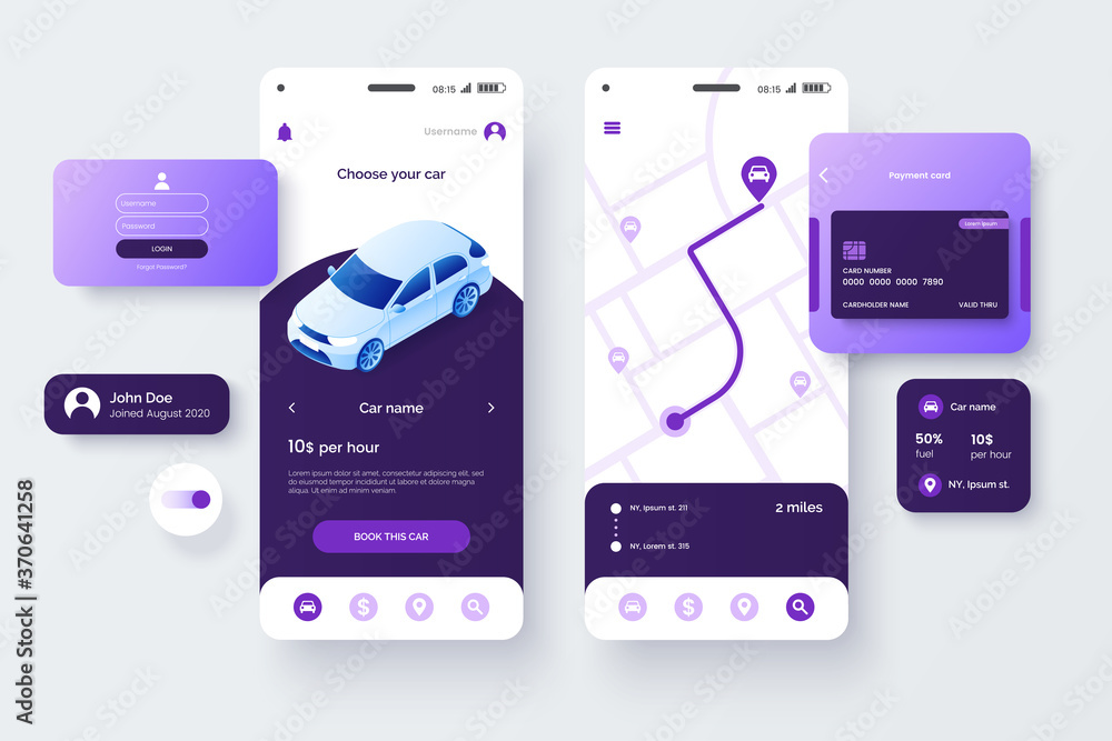 Poster Car share service mobile application template. UI, UX, GUI design elements. User Interface kit isolated on grey background. Car sharing app. Vector eps 10.