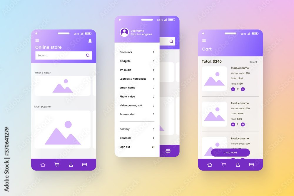 Fototapete Conceptual mobile phone screen mock-up for application interface presentation. User interface design template. UI, UX, GUI concept isolated on colorful gradient background. Online store app. Eps 10.