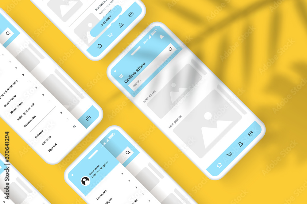 Leinwandbilder Mobile phone screen mock-up for application interface presentation. User interface design template. Online store GUI concept isolated on yellow background with shadow overlay effect. Vector eps 10.