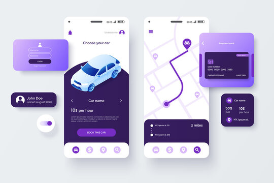 Car share service mobile application template. UI, UX, GUI design elements. User Interface kit isolated on grey background. Car sharing app. Vector eps 10.