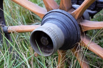 The center of the wheel of an old, restored European carriage standing in the grass.