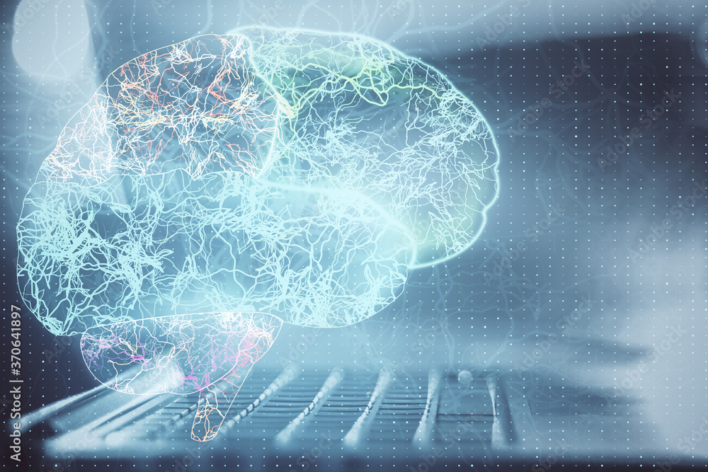 Poster laptop computer with abstract glowing brain hologram.