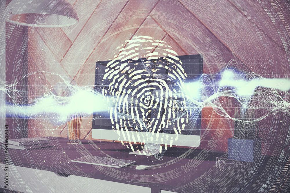 Aufkleber Personal Computer on table with abstract glowing finger print interface.