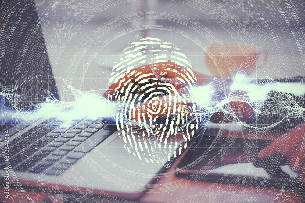 Poster hands using laptop with glowing finger print