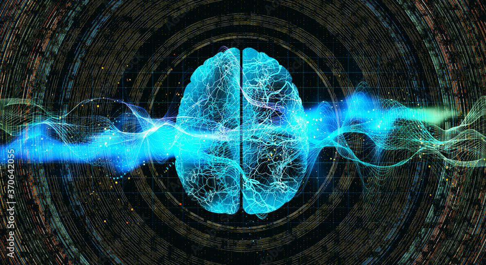 Poster abstract glowing blue brain with color lines hologram
