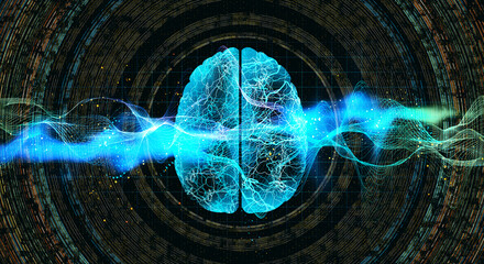 Abstract glowing blue brain with color lines hologram