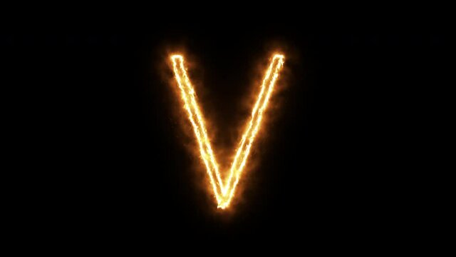 The letter "V" of burning flame. Flaming burn font or bonfire alphabet text with sizzling fiery shining heat effect. 3D rendering.