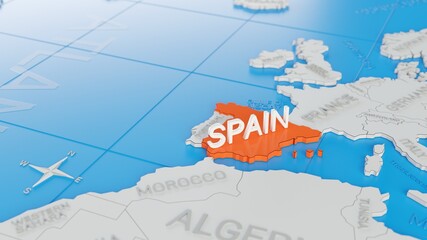 Obraz premium Spain highlighted on a white simplified 3D world map. Digital 3D render.