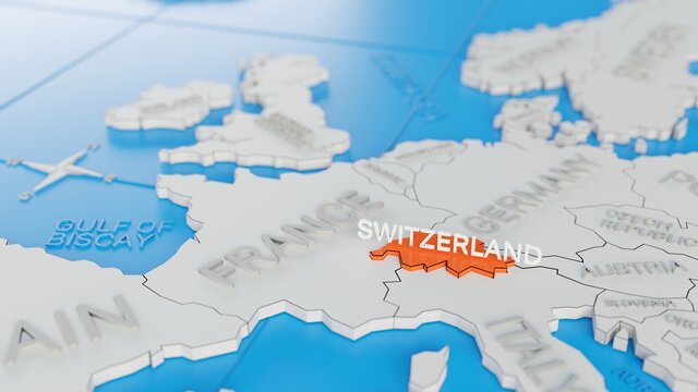 Switzerland highlighted on a white simplified 3D world map. Digital 3D render.
