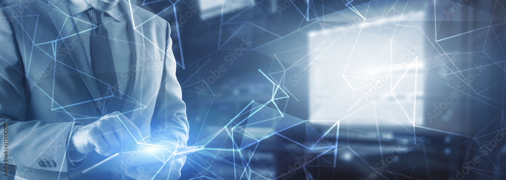 Poster cyber network abstract digital technology background. people and blurred rows of server racks.