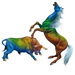 Obraz premium combat de cheval et le taureau, force, attaque, jument, étalon, debout, animal , brun, amoureux des chevaux, mammifère, , joli, sauvage, agressive, dangereux , illustration, de race, ferme, fond bl