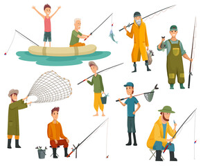 Set of fishermans fishing with fishing rod. Fishing equipment, leisure and hobby catch fish. Fisherman with fish or in boat, holding net or fishing rod. Vector illustration