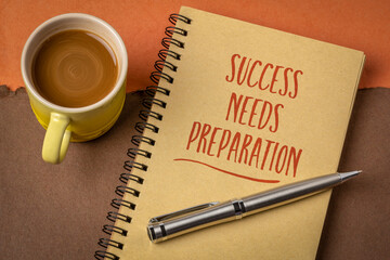 Success needs preparation - motivational note in a sketchbook with a cup of coffee, business, education and personal development concept