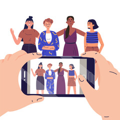 Two hands hold a martphone and take a photo of a group of teenage girls.Group photo of friends on phone screen.Photo in a camera frame.Cartoon vector illustration on isolated white background.