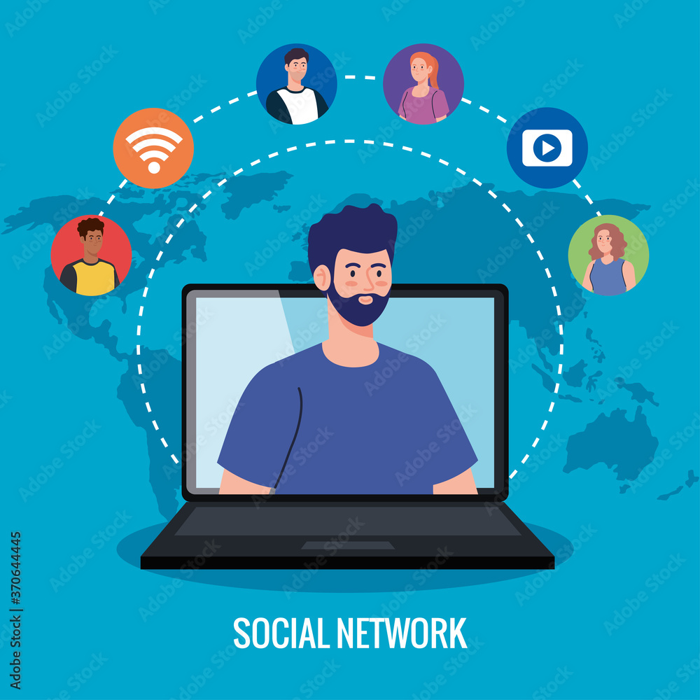 Poster social network, people connected in laptop, interactive, communicate and global concept vector illustration design