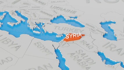 Syria highlighted on a white simplified 3D world map. Digital 3D render.