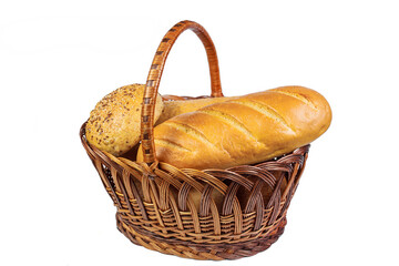 Bakery product. Bread. Beautiful composition with wicker basket and different bread on a white background. Isolate. Top view and copy space for text.