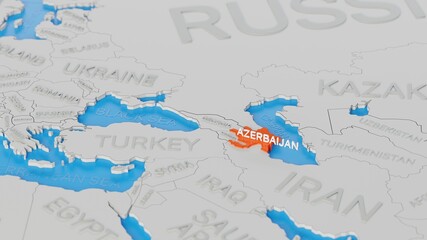 Azerbaijan highlighted on a white simplified 3D world map. Digital 3D render.