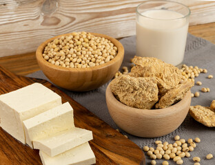 Soy Foods Collection with Soy Meat, Soybeans, Soy Milk and Tofu