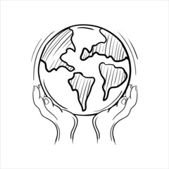 Hand holding the earth Hand Drawn Doodle Vector illustration. simple and trendy Sketching style 
