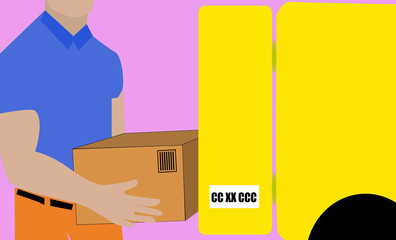 Courier charges a shipping box into a yellow van. Illustration, minimal design. E-commerce concept