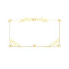 Floral watercolor composition. Gold frame. Banner. Congratulatory, wedding, invitation card.