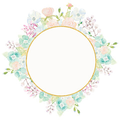 Floral watercolor composition. Gold frame. Banner. Congratulatory, wedding, invitation card.