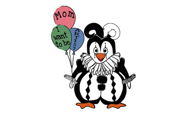 illustration of penguin with harlequin costume with the words mom I want to be artist.