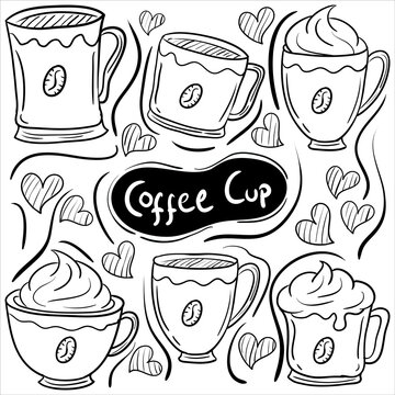 Cup of Coffee doodle icons, Trendy and lovely hand drawn style isolated on white background 
