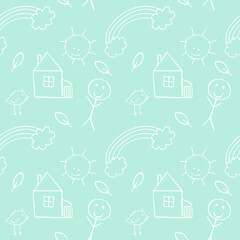 Green seamless children's background with children's doodles-pencil illustrations of birds, people, twigs, house. Endless pattern for children's room, textiles, clothing printing, Wallpaper.