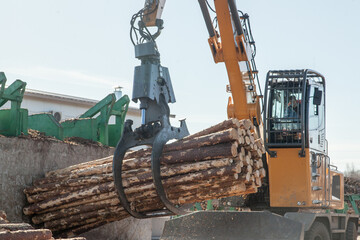 Claw of an industrial loader of logs at a sawmill