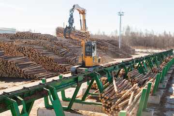 An industrial loader loads logs into a conveyor at a sawmill