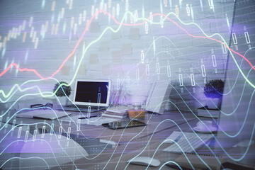 Multi exposure of stock market chart drawing and office interior background. Concept of financial analysis.