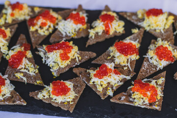 Beautifully decorated catering banquet table with different food snacks and appetizers on corporate christmas birthday party event or wedding celebration