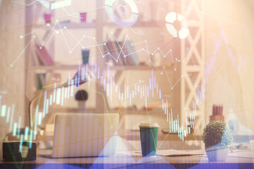 Double exposure of stock market graph drawing and office interior background. Concept of financial analysis.