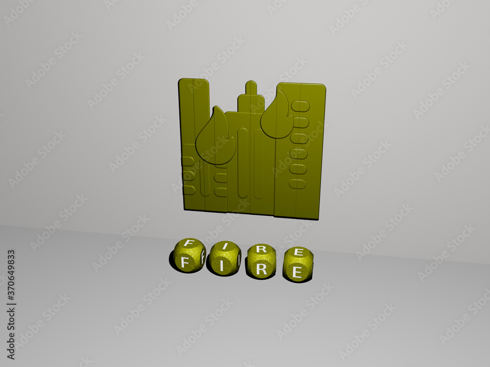Poster fire 3d icon on the wall and text of cubic alphabets on the floor. 3d illustration. background and a