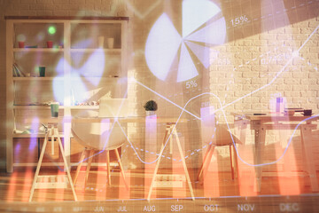 Double exposure of financial graph drawing and office interior background. Concept of stock market.