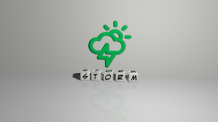 STORM text of cubic dice letters on the floor and 3D icon on the wall. 3D illustration. background and clouds