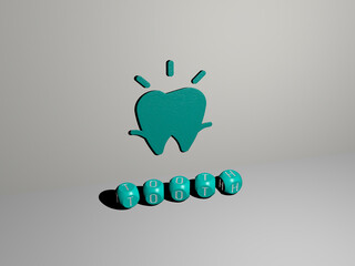 3D representation of tooth with icon on the wall and text arranged by metallic cubic letters on a mirror floor for concept meaning and slideshow presentation. dental and illustration