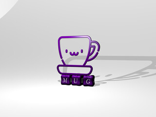 mug 3D icon on cubic text. 3D illustration. coffee and background