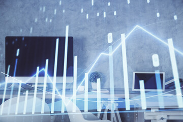Multi exposure of financial graph drawing and office interior background. Concept of market...