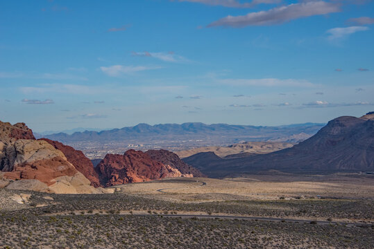 Red Rock Canyon NCA, Nevada - March 2019: View of Las Vegas in the distance from Red Rock Canyon.